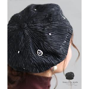 レディース 小物 帽子 ベレー帽 ブラック シワ加工