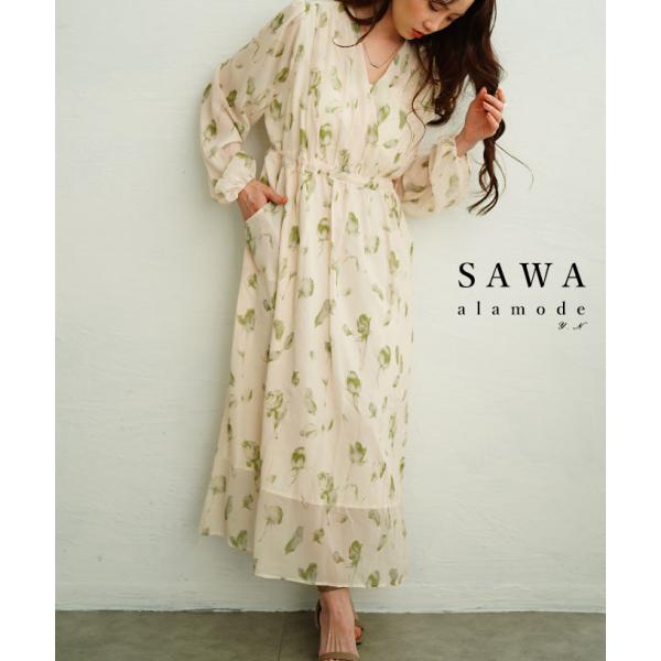 レディース ワンピース アイボリー 長袖 パフスリーブ ロング丈 足首丈 シアー ボタニカル柄 春服...