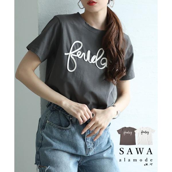 レディース トップス カットソー Tシャツ ロゴ コード刺? 半袖 コットン グレー ホワイト 春 ...