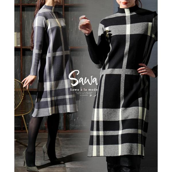 ワンピース レディース 黒 グレー チェック 秋 冬 秋服 冬服 長袖 膝丈 40代 50代 60代...