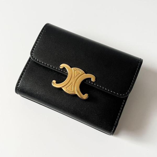 Celine セリーヌ　コンパクトウォレット　トリオンフ　三つ折り財布　カーフレザー　ブラック　【中...