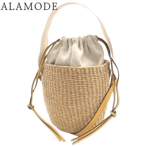 クロエ WOODYスモールバスケット バッグ カーフ キャンバス ペーパー イエロー ベージュ CH...