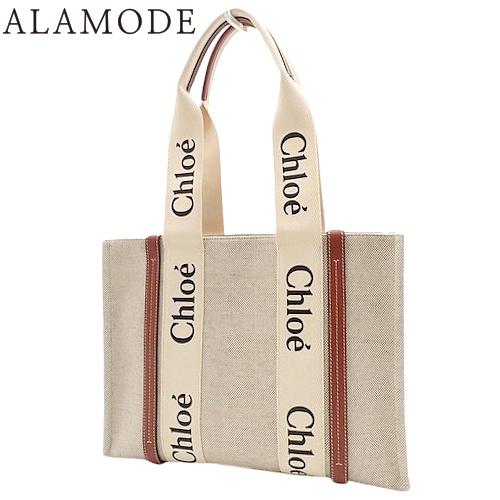 クロエ ウッディ ミディアムトートバッグ キャンバス カーフ White&amp;Brown ブラウン ベー...