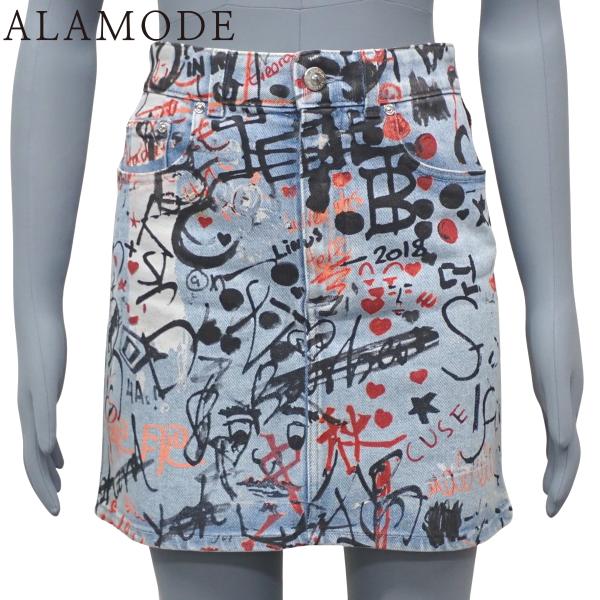 バーバリー グラフィックプリント デニム スカート ボトムス 36 コットン エラスタン ブルー青 ...