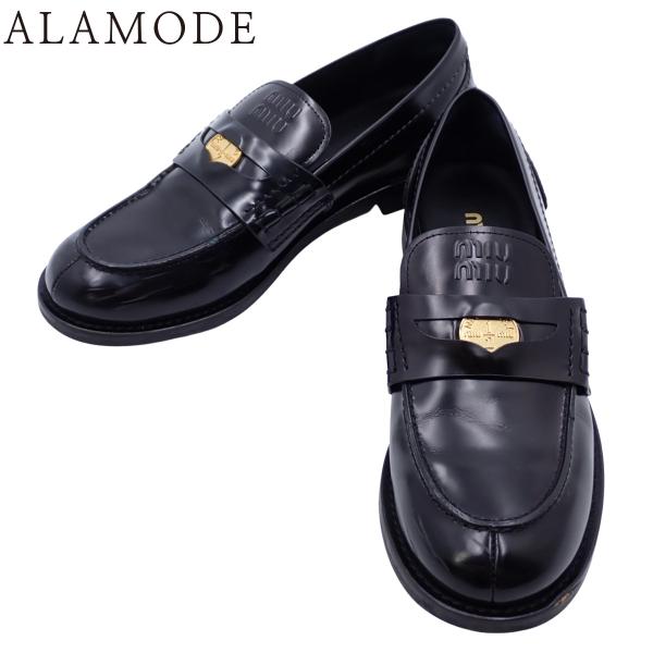 ミュウミュウ ブラッシュドレザー ペニーローファー 革靴 靴 シューズ 37 1/2 レザー ラバー...