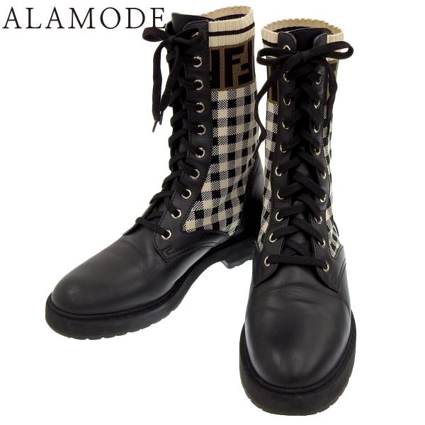 フェンディ ロココ ブーツ 靴 FF チェック ズッカ 37 レザー ファブリック ブラック黒 アイ...