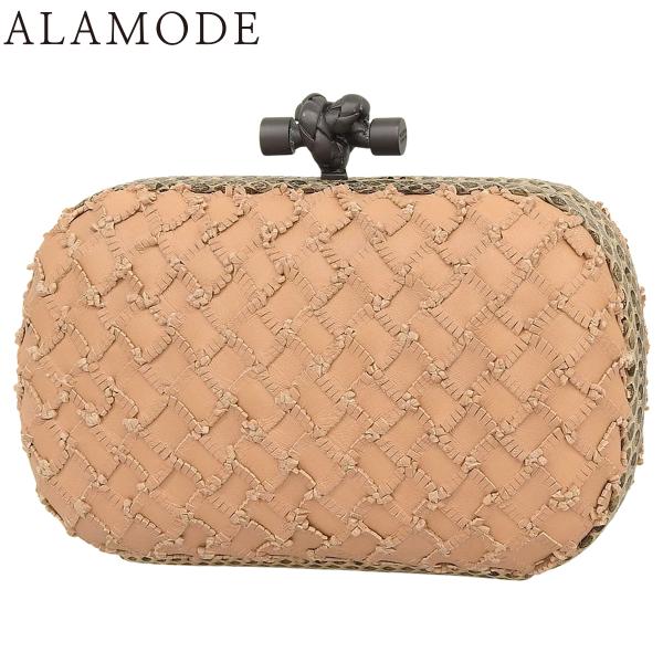 ボッテガ・ヴェネタ ノット クラッチ パイピング パーティバッグ レザー パイソン ピンクベージュ ...