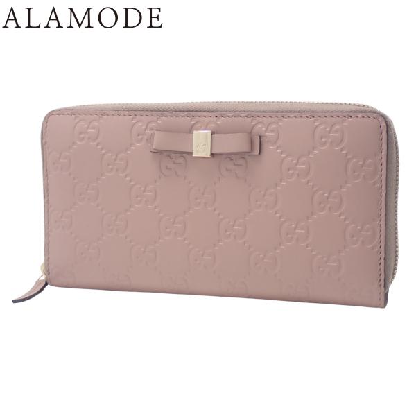 GUCCI(グッチ) グッチシマ ラウンドファスナー 長財布 ロングウォレット リボン ピンクベージ...