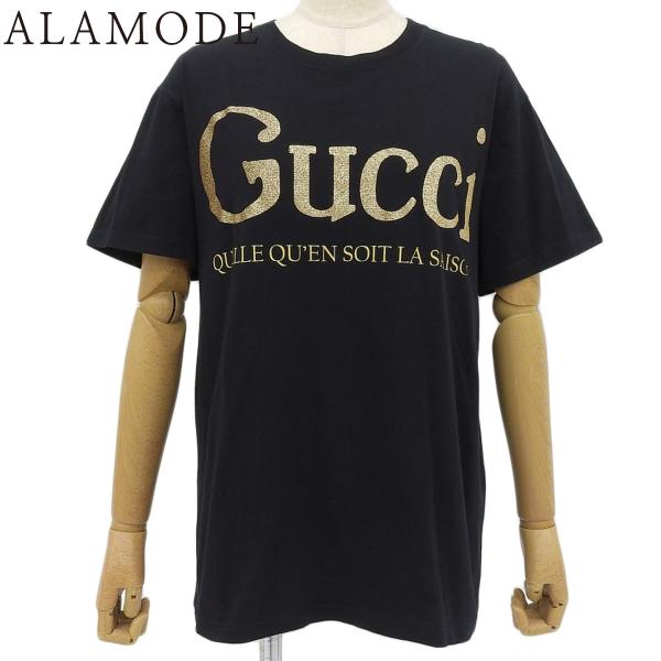 GUCCI(グッチ) グリッターロゴプリント Tシャツ XS コットン ブラック黒 ゴールド金 61...