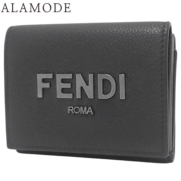 FENDI(フェンディ) ロゴ 三つ折り財布 コンパクトウォレット 3つ折り レザー ブラック ガン...