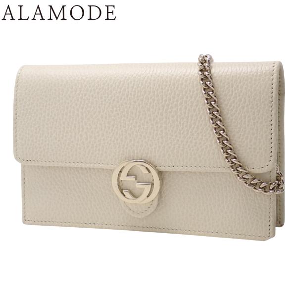 GUCCI(グッチ) インターロッキングG チェーンウォレット ショルダー 長財布 レザー ホワイト...