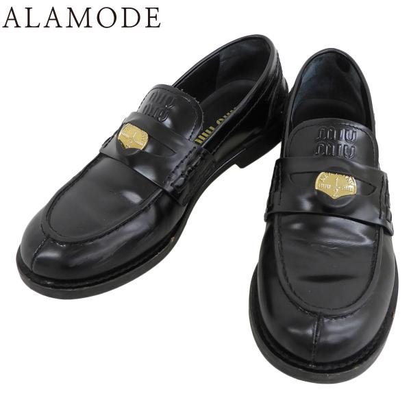 Miu Miu(ミュウミュウ) ペニーローファー フラットシューズ 36 レザー ラバー ブラッ黒 ...