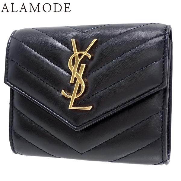 サンローランパリ カサンドラ マトラッセ コンパクト トリフォールドウォレット 財布 ラム ブラック...