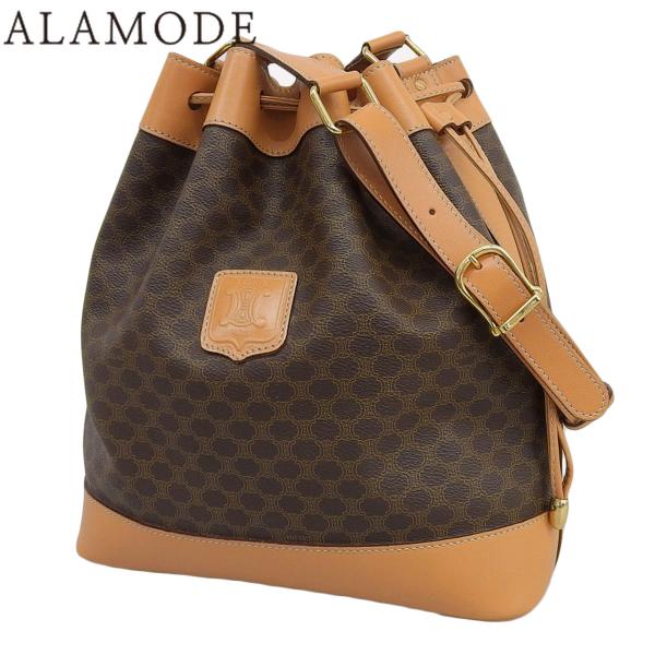 CELINE(セリーヌ) マカダム ショルダーバッグ 巾着 PVC レザー ブラウン茶 ゴールド金具...