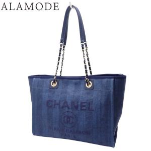CHANEL(シャネル) ドーヴィル チェーントート MM トートバッグ ショルダー キャンバス レザー ネイビー紺 40802176103【アラモード】