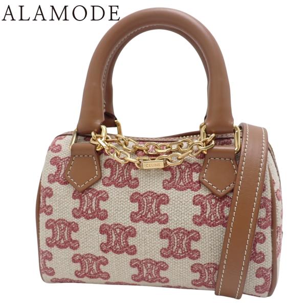 CELINE(セリーヌ) マカダム ミニボストンバッグ ショルダー キャンバス ベージュ ブラウン茶...