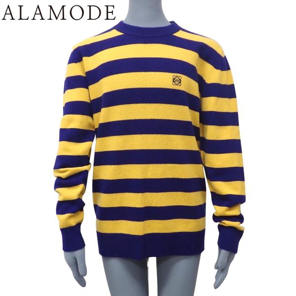 ロエベ ボーダーニット セーター アパレル ロゴ刺繍 アナグラム M ウール ブルー イエロー H3...