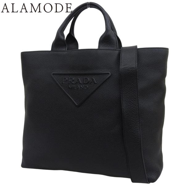 PRADA(プラダ) エンボスロゴ トートバッグ レザー ブラック黒 シルバー金具 2VG109 メ...