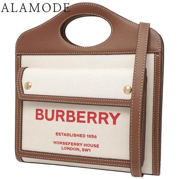 バーバリー ミニ ポケットバッグ ハンドバッグ キャンバス レザー ナチュラル/モルトブラウン 白 ...