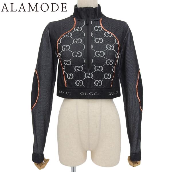 GUCCI(グッチ) GGジャガード クロップド ハーフジップ トップス 長袖 M ナイロン ブラッ...