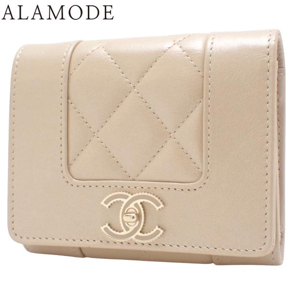 シャネル マドモアゼル ココマーク 三つ折り財布 コンパクトウォレット 3つ折り ラムスキン ベージ...