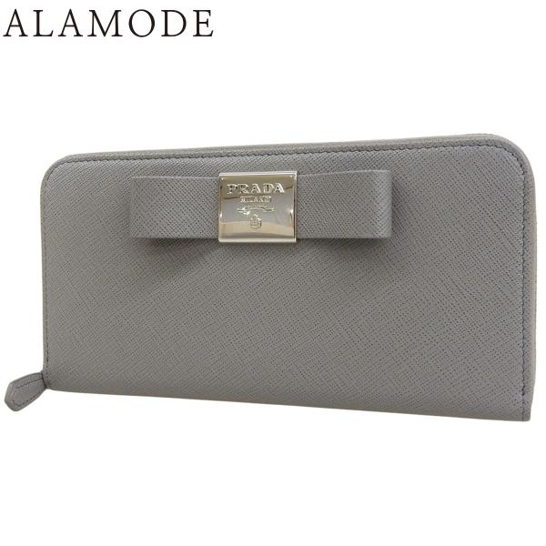 PRADA(プラダ) リボン ラウンドファスナー長財布 ロングウォレット サフィアーノレザー グレー...