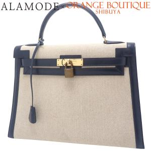 HERMES(エルメス) ケリー32 (外縫い) ベージュ ネイビー紺 トワルアッシュ ボックスカーフ ゴールド金具 ○K刻 40802185215【アラモード】