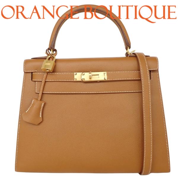 HERMES(エルメス) ケリー28(外縫い) ゴールド ブラウン茶 エプソン ゴールド金具 A刻印...