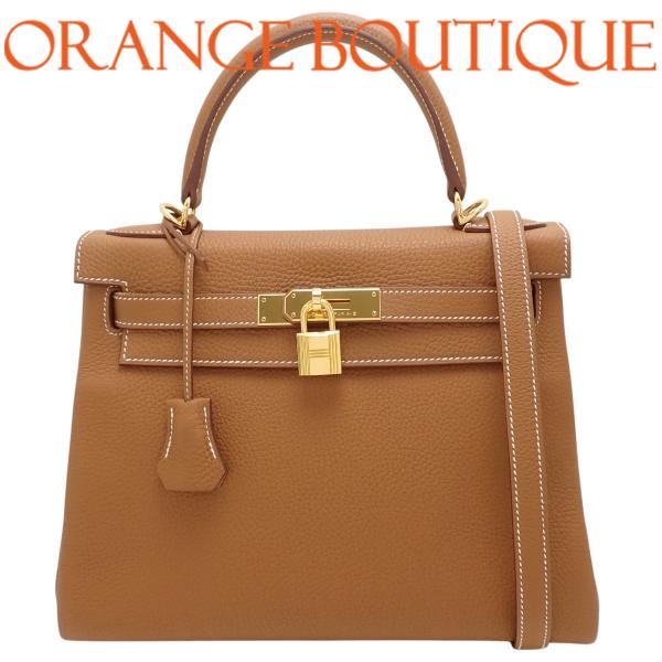 HERMES(エルメス) ケリー28 (内縫い) ゴールド ブラウン茶 トゴ ゴールド金具 U刻印 ...