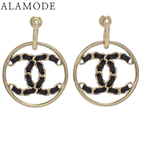 CHANEL(シャネル) ココマーク サークルピアス メタル(GP) レザー ゴールド金 ブラック黒...