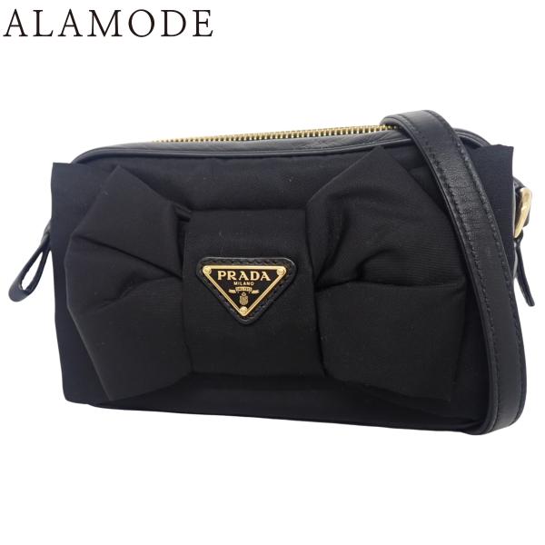 PRADA(プラダ) リボンショルダーバッグ ナイロン レザー ブラック黒 ゴールド金具 1BH16...