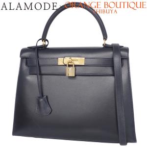 HERMES(エルメス) ケリー28 (外縫い) ネイビー紺 ボックスカーフ ゴールド金具 〇V刻印 ハンドバッグ 2WAY 40806000274【アラモード】