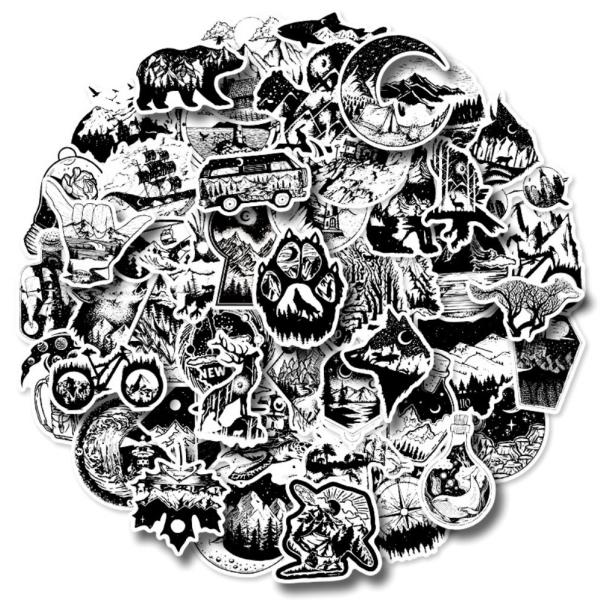 狼　熊　野生動物　猛獣　アウトドア　山登り　キャンプ　大自然　山　海　白黒　シール　ステッカー50枚...