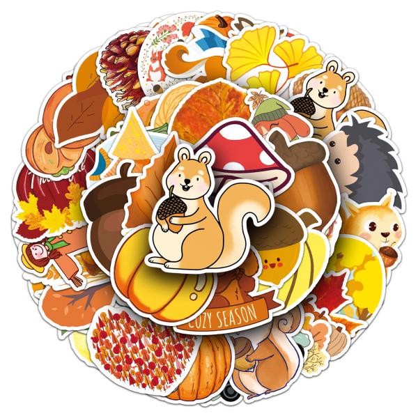 秋の季語　収穫　紅葉　黄葉　もみじ　果実　リス　落葉　秋　黄色　シール　ステッカー50枚Y1