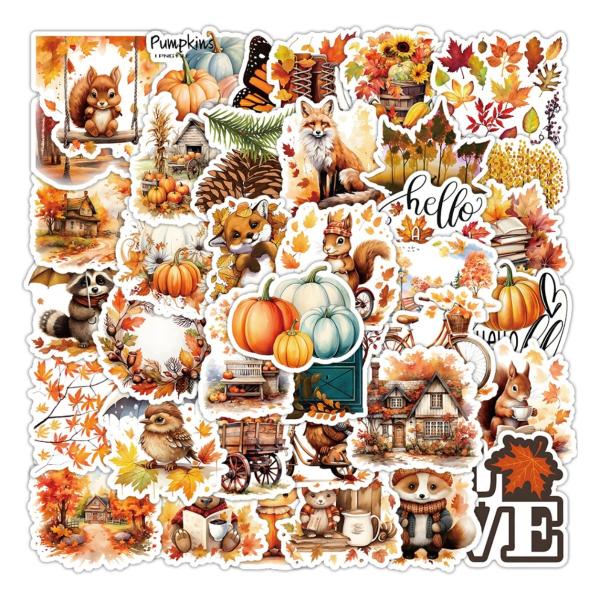 秋の季語　収穫　紅葉　黄葉　もみじ　果実　かぼちゃ　松ぼっくり　落葉　秋　黄色　シール　ステッカー5...