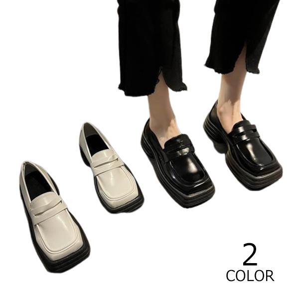 おしゃれ ローファー レディース 厚底 かっこいい スクエアトゥ PU レザー 革 靴 ミドルヒール...