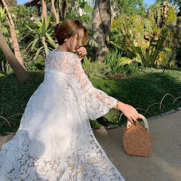 uvカットカーディガン レディース 春夏 長袖ガウン 薄手 レースカーディガン白 ロング丈 紫外線カ...