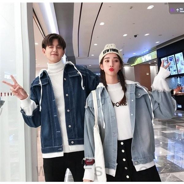 ペアルック　カップル デニムジャケット　男女兼用レディース　メンズ　フード お揃い　ご夫婦 ペア　春...