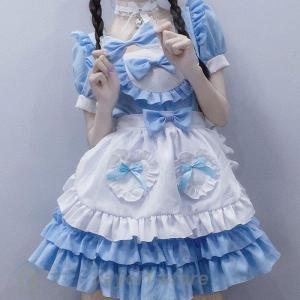 メイド服クリームのスイートガール 日常 メイド服 Aラインワンピース 着痩せ 可愛い 清純ブルーのロリータドレス