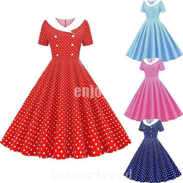 結婚式ドレスセーラーカラーワンピースロカビリードレス袖ありVネックひざ丈水玉模様無地大きいサイズカラ...