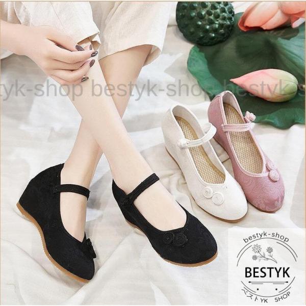 レディース ヴィンテージ パンプス フラットシューズ中華布靴チャイナ風ウエッジソール ダンスシューズ...