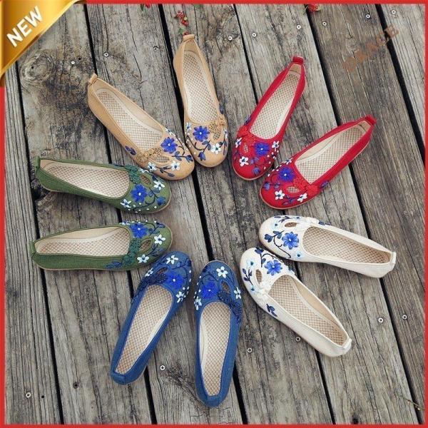 レディースシューズ パンプス 靴 スリッポン 刺繍 花 チャイナボタン 民族風 フラットシューズ コ...