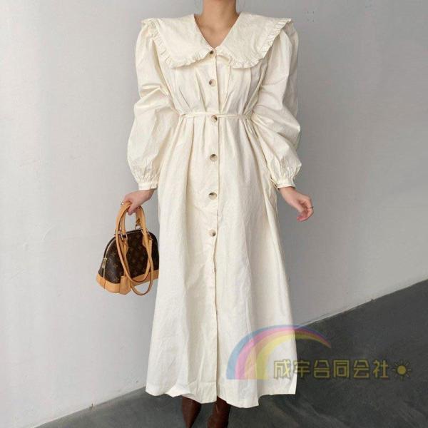 長袖ワンピースミディアム丈ワンピースセーラー襟開襟キャンディースリーブゆるシルエット無地柔らかレトロ...