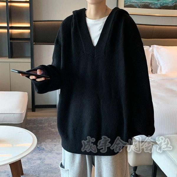 3色ニットパーカープルオーバーパーカーパーカーメンズ長袖ビッグシルエットフード付きセーターゆったりシ...