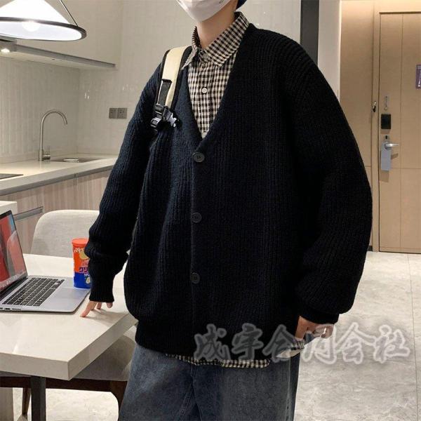 Vネックカーディガン秋冬大きいサイズセーターメンズニットジャケットビッグシルエットニットコートゆった...