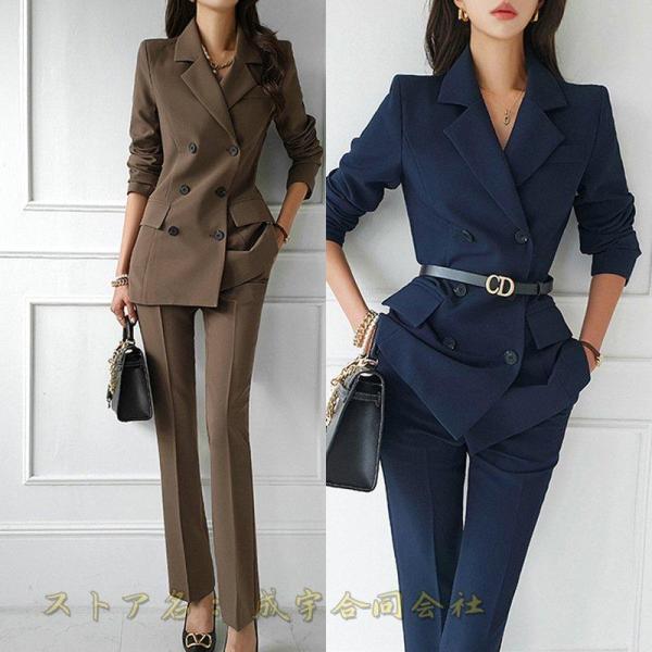 ダブルブレストスーツレディースセットアップパンツスーツ長袖アウターテーラードジャケットロングパンツス...