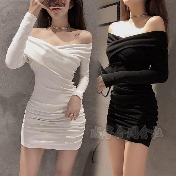 オフショルダー長袖ワンピースドレスレディース40代キレイめミニ丈ワンピースボディコンタイトワンピース...