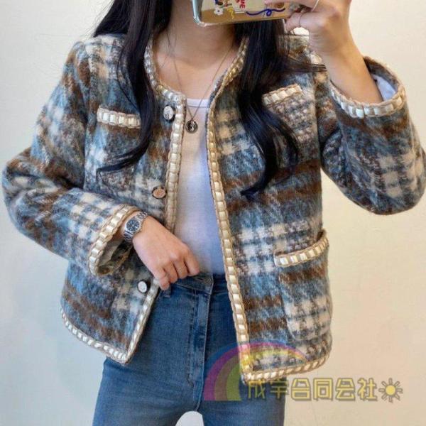 チェック柄ツイードジャケットレディース長袖ノーカラージャケットポケット付きショット丈ゆったりカジュア...