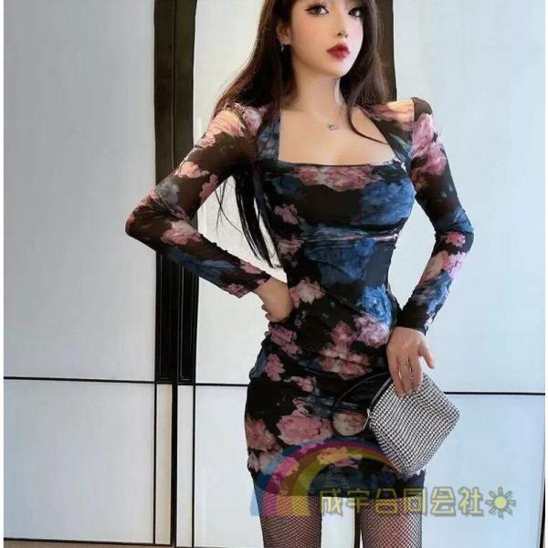 ボディコンタイトワンピースレディース長袖ワンピース春秋ミニワンピース花柄スクエアネックキャバドレスド...