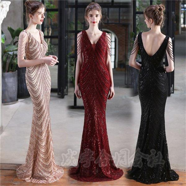 全6色Vネックタイトロングドレスキャバドレスイブニングドレススパンコールキラキラパーティードレスプリ...